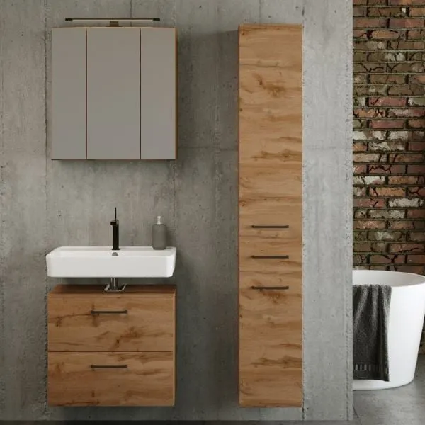 Ensemble de salle de bains Manchester | Armoire de toilette, armoire de toilette, armoire colonne | Chêne Wotan