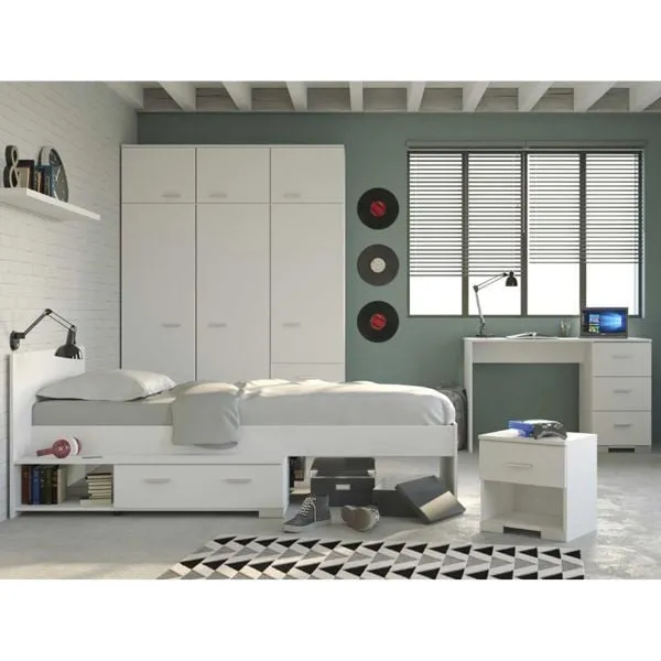 Ensemble de chambre d'enfant Galaxy | Lit simple, bureau, armoire, table de chevet | Blanc