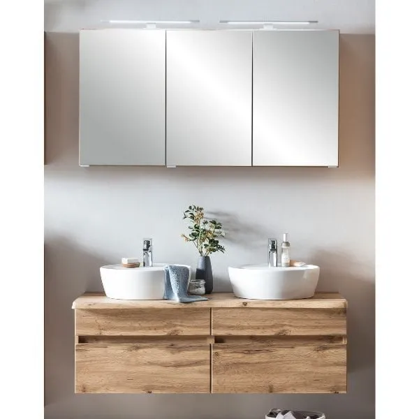 Ensemble de salle de bains Kaprun | Meuble double vasque et armoire de toilette avec éclairage | Chêne Wotan