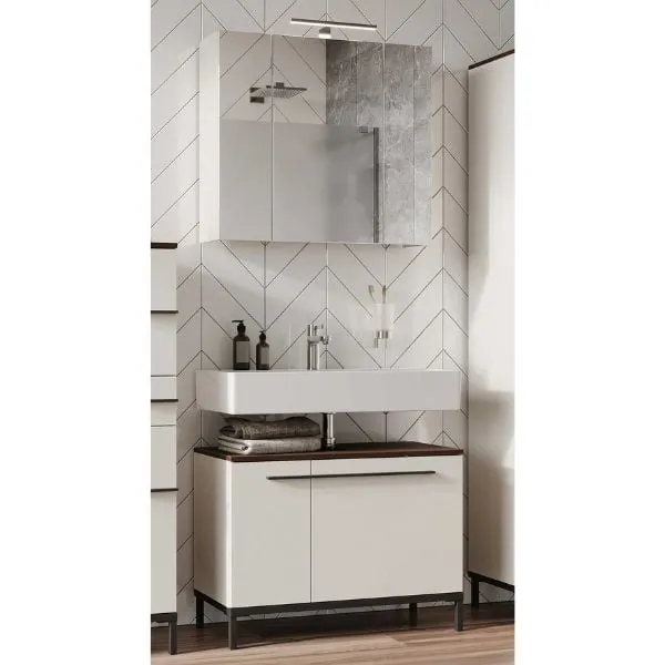 Ensemble de salle de bain Charlisa | Meuble lavabo et armoire de toilette avec éclairage | Blanc