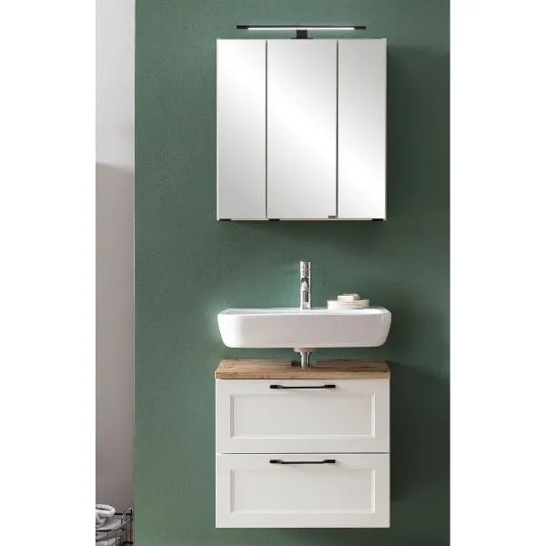 Ensemble de salle de bain Meran | Meuble lavabo, armoire de toilette avec éclairage | Blanc