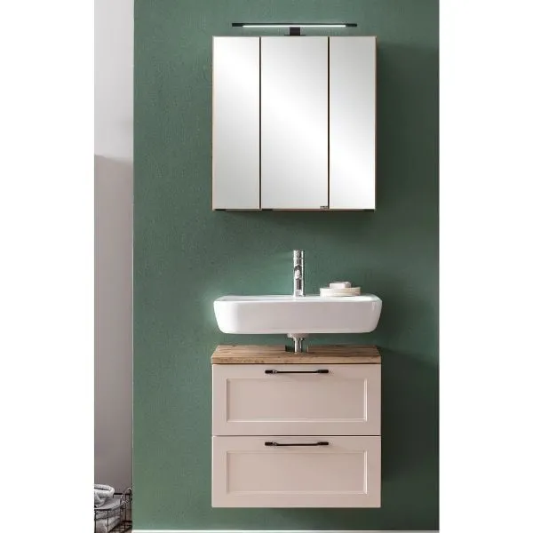 Ensemble de salle de bains Meran | Meuble lavabo, armoire de toilette avec éclairage | Couleur cachemire