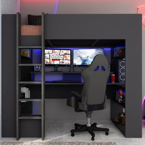 Lit mezzanine Raven 90x200 cm avec bureau et éclairage LED - gris foncé