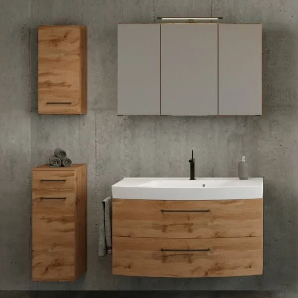 Ensemble de salle de bains Manchester | Meuble lavabo, meuble colonne, armoire murale, armoire de toilette avec éclairage | Chêne Wotan