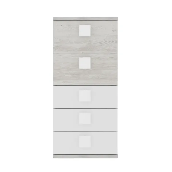 Commode Bo0 98 cm avec 5 tiroirs et poignées carrées - pin/blanc