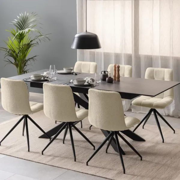 Table de salle à manger rectangulaire Irwine - plateau en céramique noire, rangement pour les rallonges, 168/210 cm