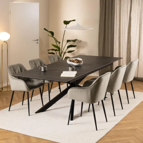 Table de salle à manger rectangulaire Irwine - Plateau en céramique noire, piètement en croix