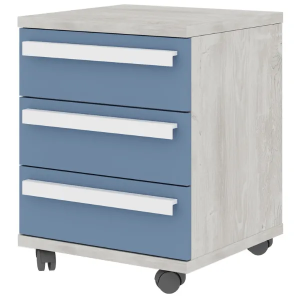 Table de chevet Bo0 avec roulettes, 3 tiroirs et poignée oblongue - pin/bleu