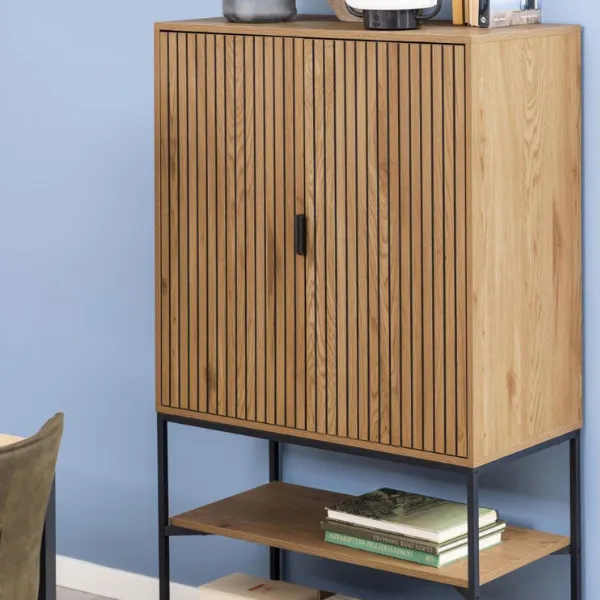 Armoire en chêne rustique : 2 portes, 2 étagères, façade en lamelles (80x40x140cm)