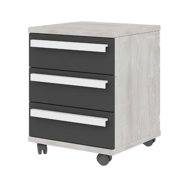 Table de chevet Bo0 avec roulettes, 3 tiroirs et poignée oblongue - pin/anthracite