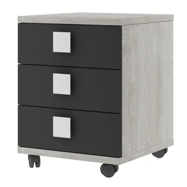 Table de chevet Bo0 avec roulettes, 3 tiroirs et poignée carrée - pin/anthracite