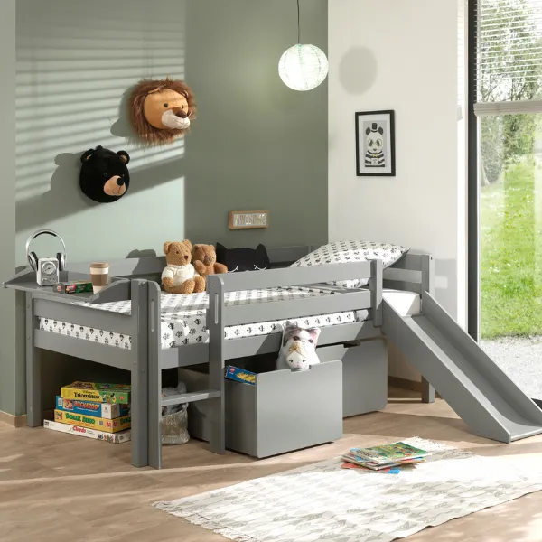 Lit mi-hauteur avec toboggan Pip 90 x 200 avec 2 tiroirs et étagère bois de pin - gris