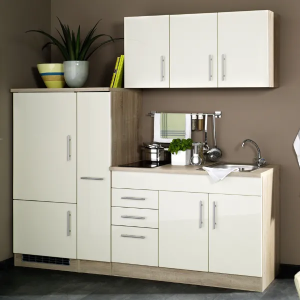 Toronto Cream High-gloss Kitchen Set : Eléments hauts, évier, coulissants, réfrigérateur, table de cuisson - 30/148 Larder