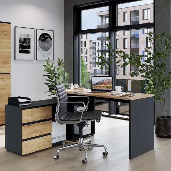 Bureau d'angle Miguel avec espace de rangement - anthracite/jaune