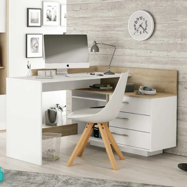 Bureau d'angle Thalita-chêne brossé/blanc mat