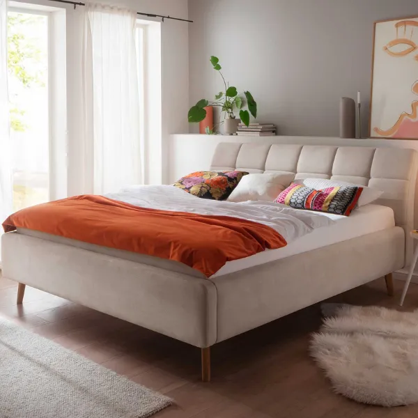 Lit capitonné Cézanne 160x200cm avec espace de rangement - beige