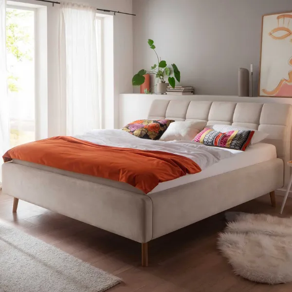 Lit capitonné Cézanne 180x200cm avec espace de rangement - beige