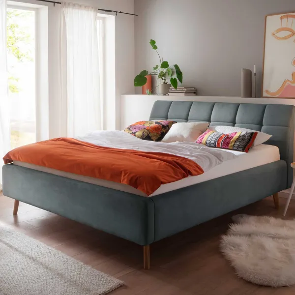 Lit capitonné Cézanne 180x200cm avec espace de rangement - bleu