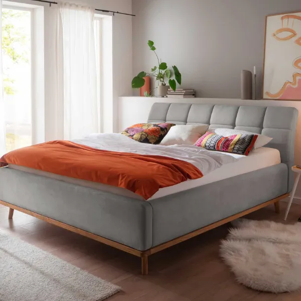 Lit capitonnée Cézanne 180x200cm avec espace de rangement - gris/chêne