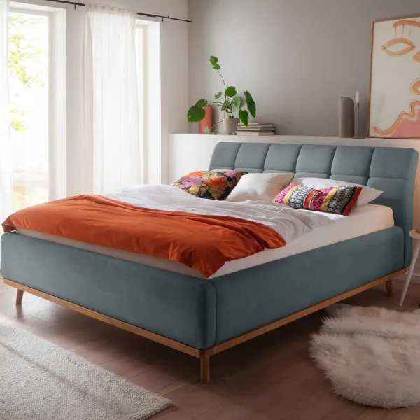 Lit capitonnée Cézanne 180x200cm avec espace de rangement - bleu/chêne