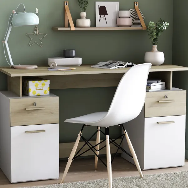 Bureau Pleun 2 tiroirs, 2 portes tournantes et 2 niches-blanc mat/chêne Kronberg