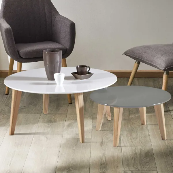 Ensemble de 2 tables basses Reinhart 78 x 78 x35.5 cm, 55 x 55 x 28 cm-gris/blanc mat/bois de pin