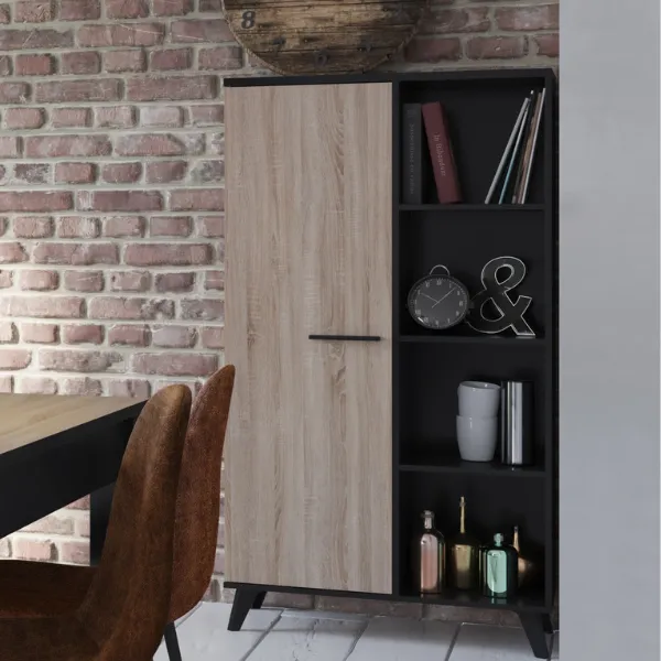 Vitrine Wilke 1 porte tournante et 6 étagères-chêne brossé/noir mat