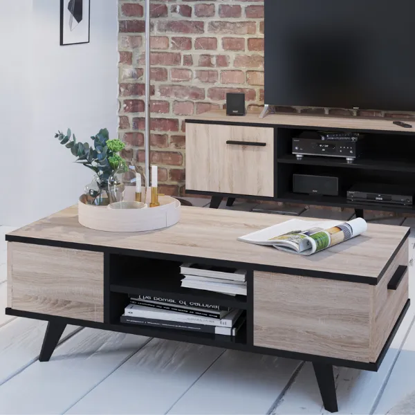 Table basse Wilke 2 tiroirs et 2 niches - chêne brossé/noir mat