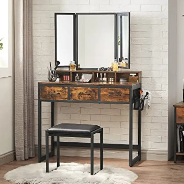 Set de coiffeuse rustique noir/marron avec miroir et tabouret