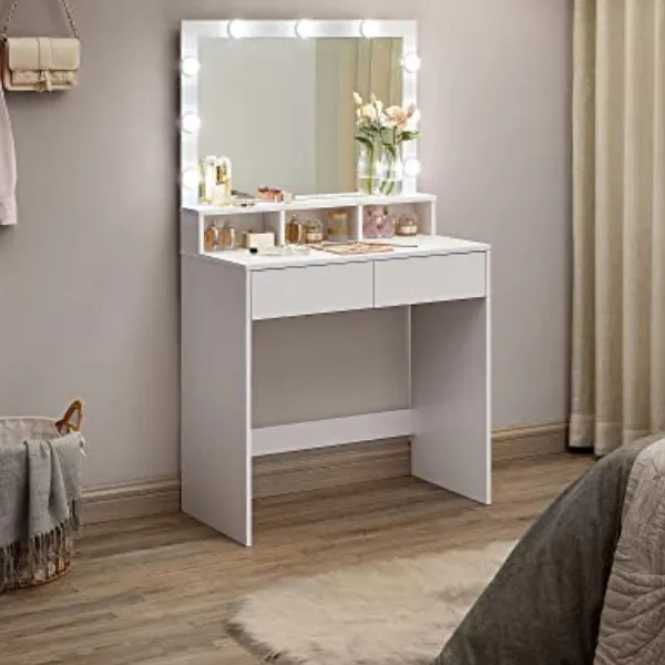 Coiffeuse avec 9 ampoules LED, miroir, 2 tiroirs, 3 compartiments ouverts