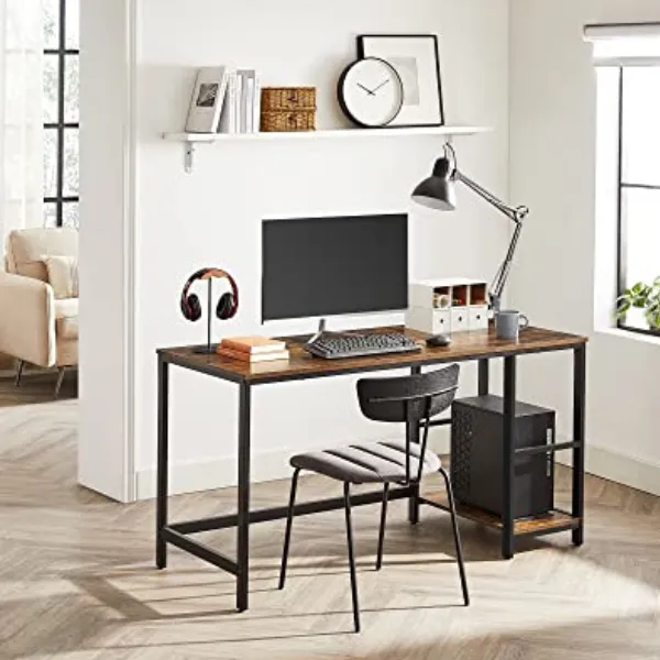 Bureau d'ordinateur, 2 étagères, structure en acier, industriel, Rustic Brown/Black