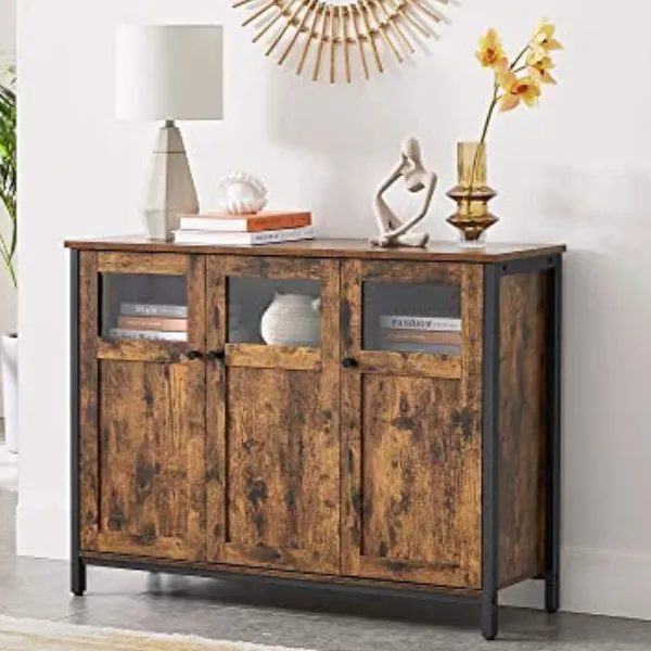 Buffet de style industriel avec portes en verre, brun rustique et noir | Étagères réglables | Cadre en acier stable