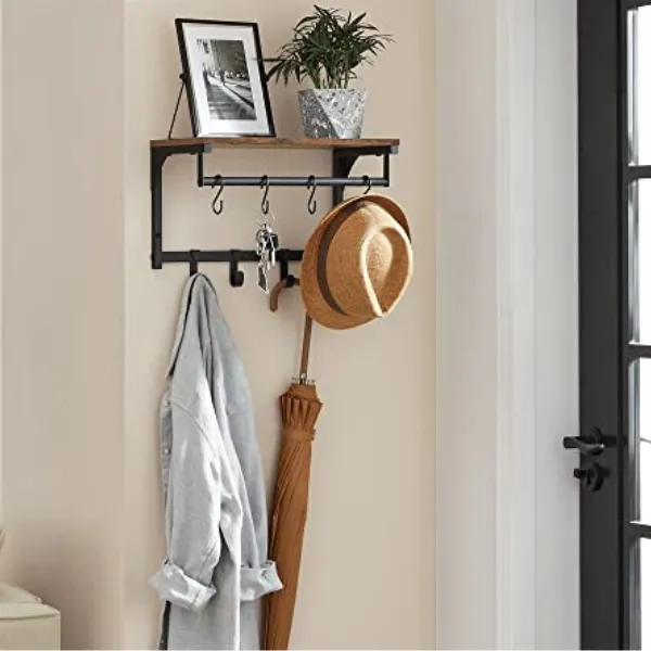 Porte-manteau mural avec 8 crochets, tringle de suspension, Vintage Brown-Black