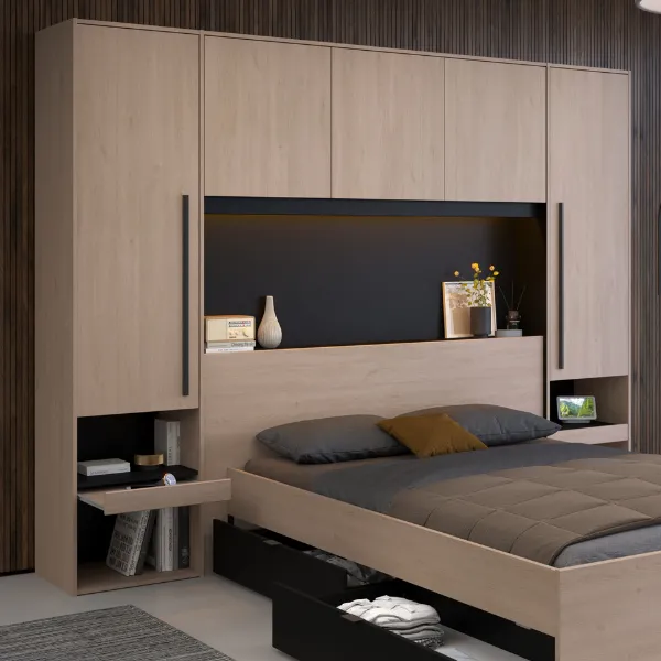 Tête de lit Ponte 265cm avec deux tables de chevet et éclairage LED- décor chêne/noir