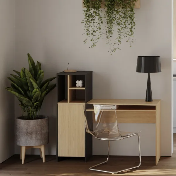 Bureau Michelle 4 niches, 1 porte tournante et 1 étagère-chêne clair/noir