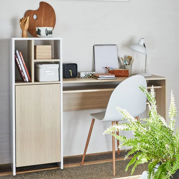 Bureau Michelle 4 niches, 1 porte tournante et 1 étagère-chêne clair/blanc