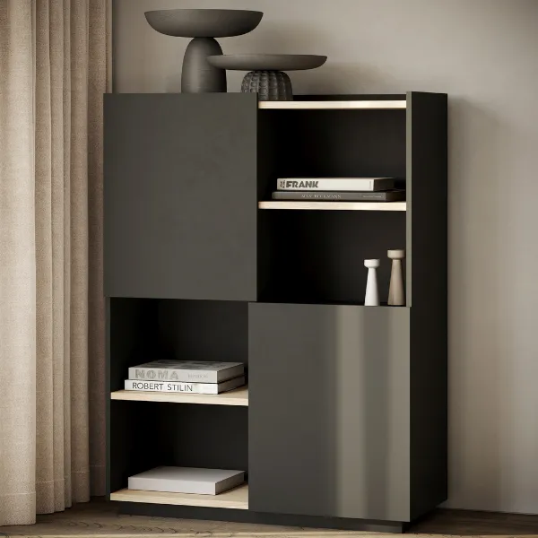 Vaisselier Nineke 2 portes abattantes, 4 compartiments ouverts et 2 étagères noir mat/chêne clair