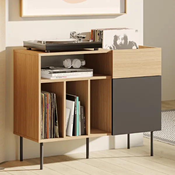 Rangement pour vinyles Vina-chêne/noir