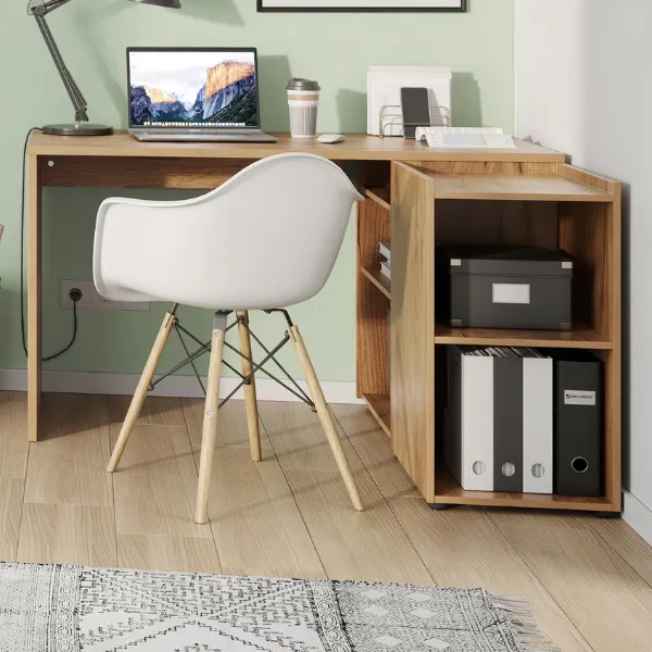 Bureau d'angle Oliveira avec espace de rangement - décor chêne