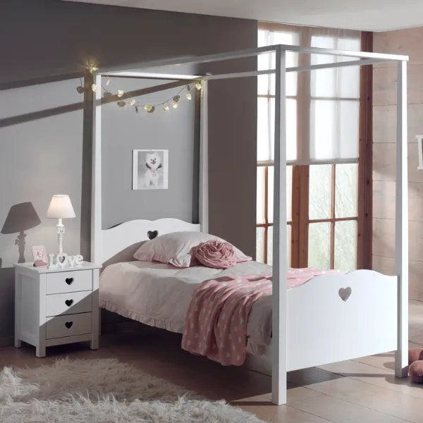 Lit baldaquin 90x200 cm et table de chevet Amori-blanc