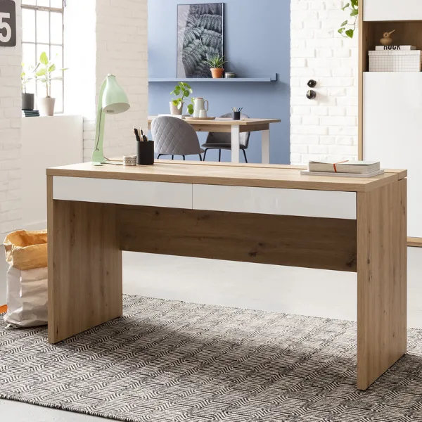 Bureau Sorbonne 139cm avec deux tiroirs - décor chêne/blanc