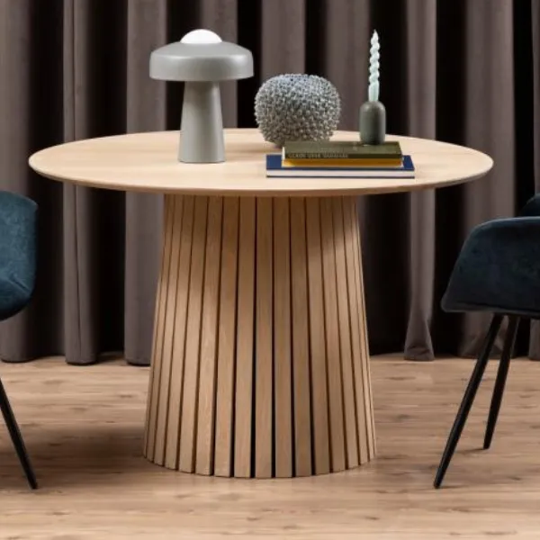 Table de salle à manger ronde Krishna - Placage chêne blanc, Ø120x75 cm