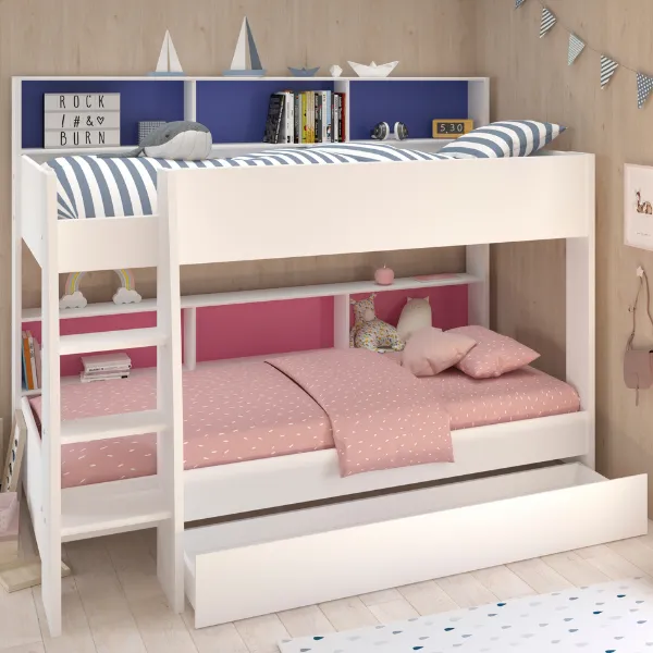 Lit superposé Leo 90x200cm avec tiroir de lit - blanc/bleu/rose