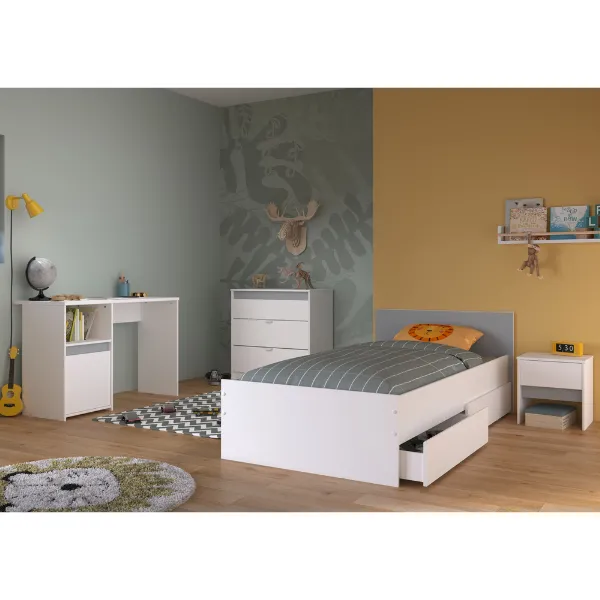 Ensemble de chambre Rue | Lit simple, table de chevet, table de nuit, commode, bureau