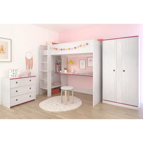 Ensemble de chambre d'enfant Smoozy | Couchette haute, commode et armoire | Blanc