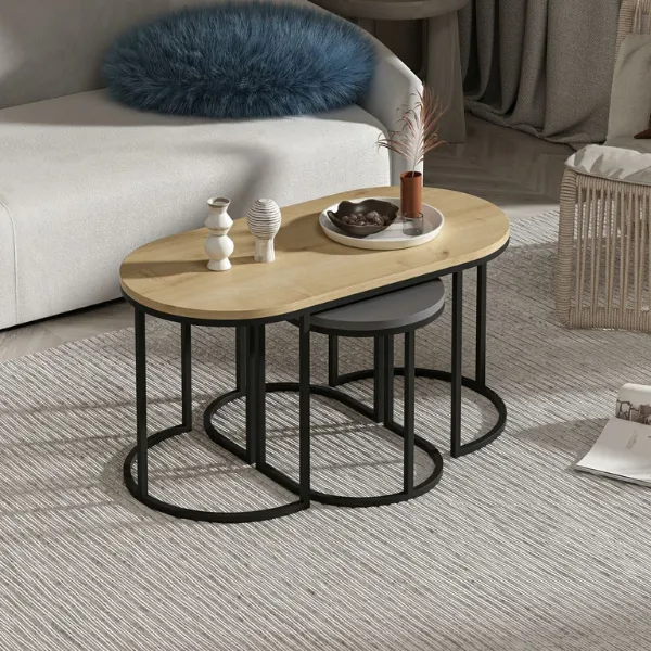 Dena Table gigogne (3 pièces) | 100 % MÉLAMINÉ | Chêne, Anthracite