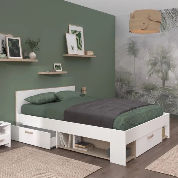 Lit double Sueno 140x200cm avec rangement - blanc/décor chêne