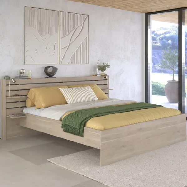 Lit double Tokio 180x200 cm - décor chêne / blanc