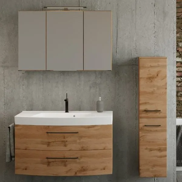 Ensemble de salle de bains Manchester | Meuble lavabo, meuble colonne, armoire de toilette avec éclairage | Chêne Wotan