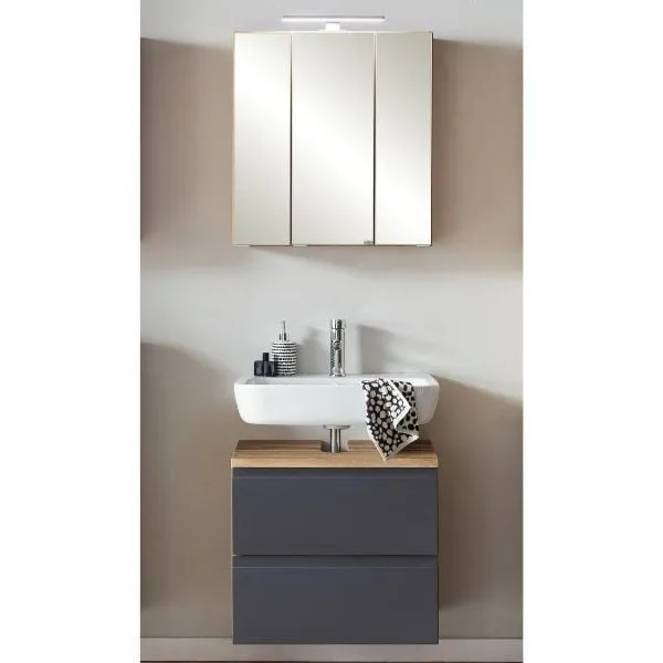 Ensemble de salle de bain Varese | lavabo et armoire de toilette avec éclairage | Design Wotan Oak/gris